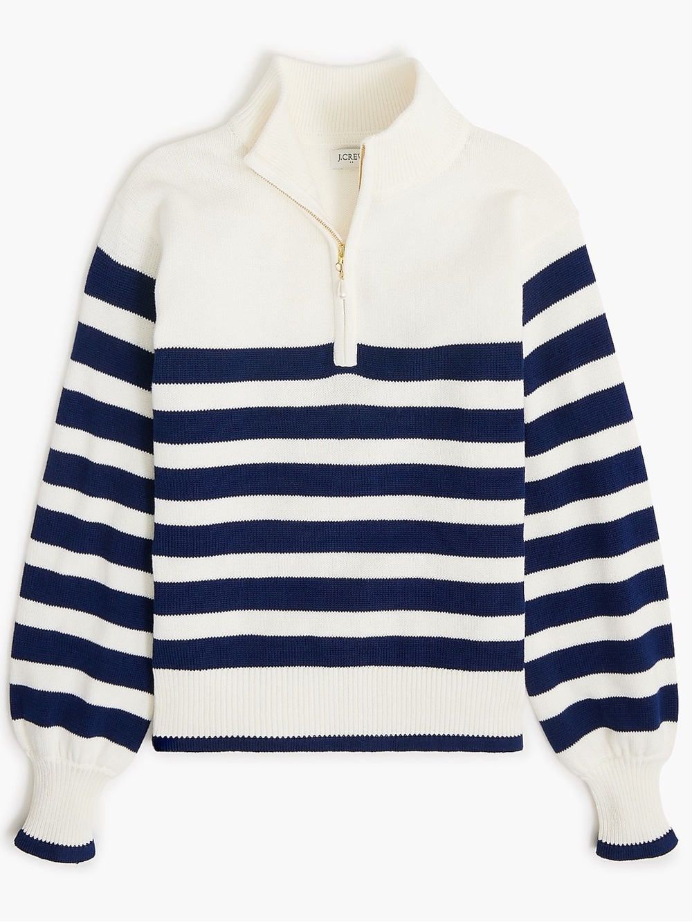 J Crew Striped half-zip sweater with pearl zipper